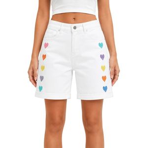 White <b>Rainbow</b> Heart Embroidered Women Denim Shorts High Waist Casual Loose Fit Rolled Hem Cotton Summer Fashion Jeans Shorts - Product Image 1