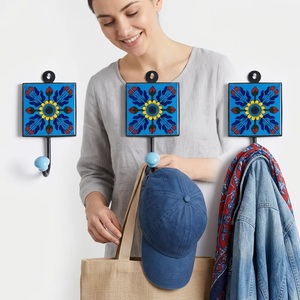 Handmade Ceramic Wall Hook with Floral <b>Tile</b> Design Blue Yellow Pattern Vintage Style Multifunction <b>Self</b>-<b>adhesive</b> Single Hook - Product Image 4
