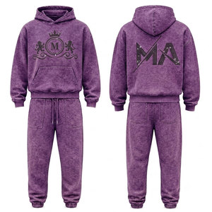 Conjunto Deportivo para Hombre, Color Morado, Lavado Ácido, 100% Algodón, 480 gsm, Alta Calidad, con Pedrería, Pantalones Largos con Cordón Ajustable, Ropa Casual - Product Image 1