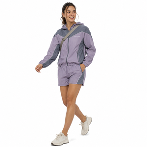 Conjunto Deportivo de 2 Piezas para Mujer, Chaqueta Cortavientos con Capucha y Bloques de Color, Secado Rápido, Corte Regular, Primavera/Verano, Morado y Gris - Product Image 3