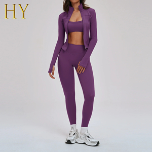 Women's Plus Size <b>3</b>-Piece Seamless Nylon Spandex Yoga Set High Waist Leggings Sports Bra Ribbed Texture Eco-Friendly Quick Dry - Product Image 4