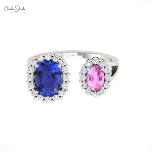 Anillo de Oro Sólido de 14K con Tanzanita Genuina de 8x6mm y Zafiro Rosa con Halo, Anillo de Compromiso de Lujo con Piedras Preciosas para Mujer, Chordia Jewels - Product Image 2