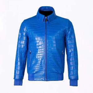 Chaqueta de Motociclista de Cuero con Estampado de Leopardo Azul para Hombre, Cuello Alto, Cierre de Cremallera, Resistente al Viento, Corte Ajustado, Forro Polar, Ropa de Calle para Invierno - Product Image 1