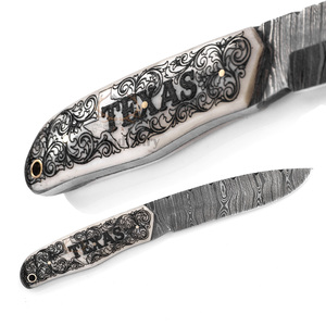 Cuchillo de Caza Artesanal de Acero de Damasco, Hoja de 4mm de Grosor con Espiga Completa, Grabado Láser, Mango de Hueso de Camello, Personalizable OEM para Exteriores - Product Image 5