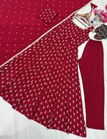 Baju Anarkali Sutra Merah Tradisional Dengan Cetakan Putih, Model Longgar Sebatas Mata Kaki, Gaun Wanita Untuk Pakaian Santai Gaya India Pakistan