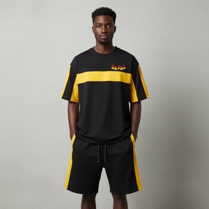 Conjunto de Camiseta y Pantalones Cortos para Hombre, Cuello Redondo, Bloques de Color en Contraste Negro y Amarillo, Transpirable, Corte Holgado, Ropa Deportiva para Todas las Temporadas - Product Image 4