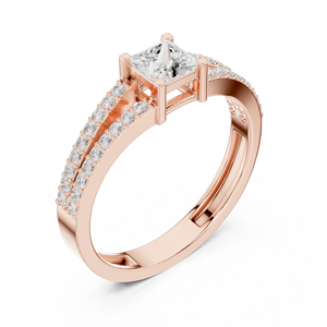 Anillo de compromiso con diamante talla princesa y banda dividida en oro rosa de 18k con doble banda pavé, elegante joyería nupcial - Product Image 1
