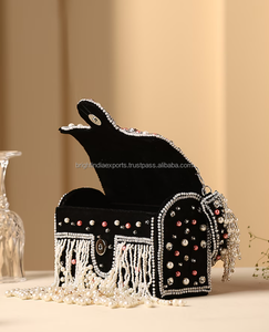 Beaded Velvet Clutch Bag With Pearl Fringe Flap Closure Handmade Evening Party Style Black - Product Image 1