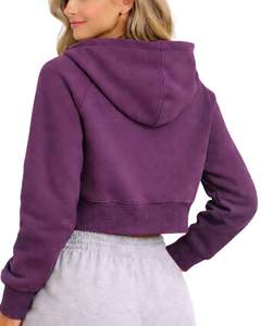 Sudadera con capucha corta con cremallera para mujer, de manga larga, informal, de forro polar suave, estilo urbano, color morado ciruela, tendencia de moda otoño-invierno - Product Image 2