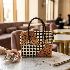 2026 New Arrival High Women's 100% Genuine <b>Leather</b> Tote Bag Floral <b>Tooled</b> Pattern Vintage Style Checkered Design All Seasons Use - Product Image 5