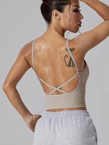 Ladies Low Cut Plunge Strappy Yoga <b>Bra</b> | Soft Breathable Running Crop Tank | Solid Color Non-Printed <b>Stretch</b> Gym Brassiere - Product Image 4