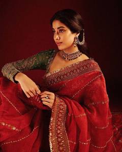 SHKK <b>Red</b> Designer Organza <b>Silk</b> Floor-Length Saree with Heavy Embroidery Sequin Zari Work Unstitched Blouse Wedding Occasion - Product Image 6