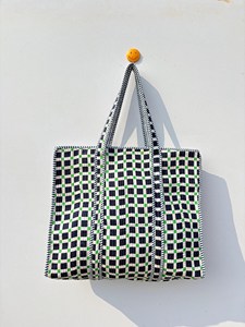 Premium Black <b>Quilted</b> Cotton Tote Bag Checked Print Bohemian Style Casual Zipper Shopping Travel <b>Handbag</b> for Women Daily Use - Product Image 1