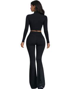 Ensemble de yoga deux pièces noir personnalisé pour femme : haut court zippé et pantalon évasé taille haute, extensible, pour fitness et gym – Fabricant OEM sur mesure - Product Image 3