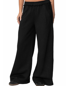 Pantalon d'été taille haute pour femme, coupe large, en coton éponge noir, ample, longueur intégrale, décontracté, séchage rapide, respirant, avec poches, élastique - Product Image 1
