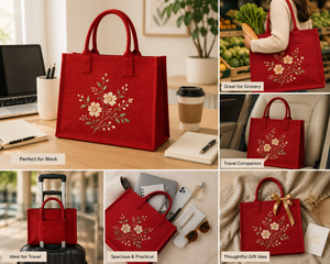 Bolso Tote Rojo de Yute con Bordado Floral, Asa Superior, Diseño Retro Casual, Forro de Algodón, para Playa, Viajes y Uso Diario - Product Image 4