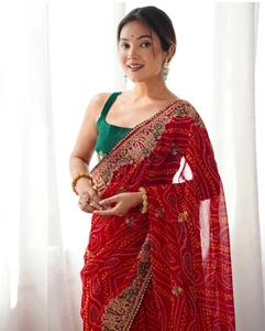 Sari Tradicional KV de Georgette con Bordado y Adornos Estilo Bollywood, para Fiestas, Reversible y Sin Arrugas - Product Image 1
