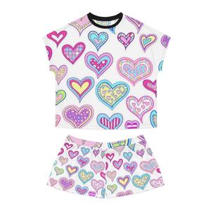 Conjunto de Top de Manga Corta con Cuello Redondo y Estampado de Corazones Coloridos para Mujer y Pantalones Cortos por Encima de la Rodilla, Ropa Casual de Primavera/Verano, Tejido Transpirable, 2 Piezas - Product Image 5