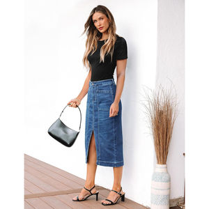 Falda vaquera midi informal de moda para mujer 2026, de talle alto con bolsillos delanteros, por debajo de la rodilla y abertura, estilo vestido maxi lindo - Product Image 6