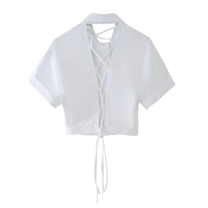 Camisa Corta Informal de Popelina a Rayas Blancas para Mujer, Estilo Vintage, Manga Corta, Cuello Camisero, Botones, para Todas las Temporadas - Product Image 6