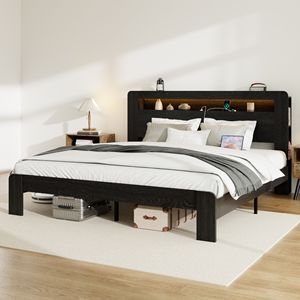 Letto Matrimoniale King Size con Struttura in Legno, Testiera Illuminata a LED e 2 Porte USB, Silenzioso, Senza Necessità di Rete a Doghe, con Vano Contenitore Integrato - Product Image 2