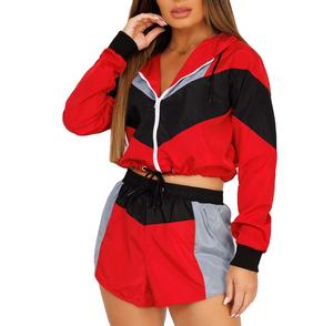 Coupe-vent personnalisé de rue haute avec broderie unie pour femmes de grande taille ensembles courts veste de gymnastique coupe-vent court 2 pièces imperméable - Product Image 5