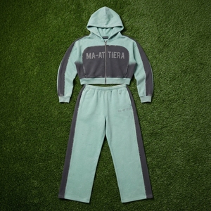 Conjunto de Sudadera Corta con Cremallera y Pantalones Anchos para Mujer, Color Verde Menta, Estilo Casual Urbano - Product Image 5