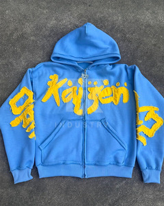 Sudadera con capucha azul desgastada con estampado amarillo al por mayor |   Sudadera con capucha vintage adornada con estampado de alienígena agrietado - Product Image 3