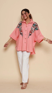 Camisa de Popelina Rosa 100% Algodón para Mujer, con Botones, Estampado Geométrico, Manga Media, Corte Holgado, Estilo Casual para Primavera/Verano - Product Image 3