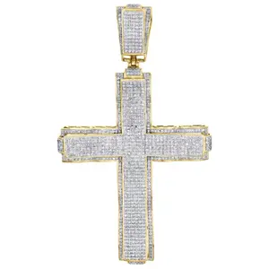2.5 Ct Diamond Stacked Double Cross Large Pendant 14k Yellow Gold Pave Charm