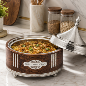 Casserole isolante de luxe en bois artisanal Marvel avec couvercle en acier inoxydable style tagine et incrustation de nacre, idéale pour les plats chauds de qualité supérieure - Product Image 3