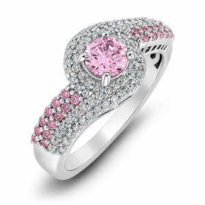 Bague de fiançailles en argent sterling 925 avec halo de zircon rose taille ronde et bande torsadée, bijoux de mariage pour femme - Product Image 1