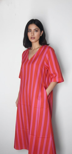 Women Striped Bohemian Midi Dress V Neck Loose Fit Casual Summer Kaftan Cotton Linen Eco-Friendly Wholesale ODM Supplier Indian - Product Image 5