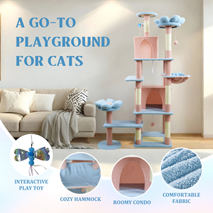 Griffoir pour chat en sisal motif floral, multilevel, bleu et rose, arbre à chat, meuble d'intérieur pour animaux, avec condo amovible en carton - Product Image 3