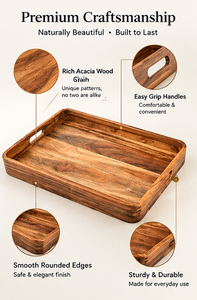 Plateau de service rectangulaire moderne en bois d'acacia de qualité supérieure, à un seul niveau, durable, avec un design décoratif pour la cuisine et la maison - Product Image 3