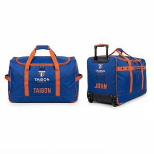 Sac de hockey sur glace en polyester 600D de qualité supérieure, 380 GSM, bleu roi avec panneaux orange, logo personnalisé par transfert thermique, équipement de voyage robuste - Product Image 1