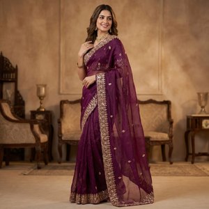Sari de Seda Pura de Lujo con Bordado de Cuentas Doradas y Borde Calado, Blusa de Diseñador Elástica para Fiestas y Ocasiones de Verano - Product Image 5