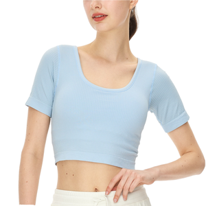 Top Deportivo de Yoga Transpirable para Mujer, Venta al Por Mayor, Personalizado, Textura Arrugada, Corte Ajustado, Manga Corta, Cuello Cuadrado, Ropa de Entrenamiento - Product Image 1