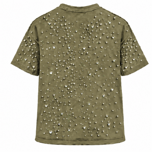 Camiseta Verde Oliva Unisex con Perlas, Cuello Redondo, Manga Corta, Decorada con Perlas, Personalizada, Moda Casual, Estilo Urbano, 100% Algodón - Product Image 2