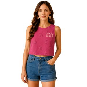 Top Corto Rosa Oscuro con Bordado Floral para Mujer, Chaleco de Verano sin Mangas de Algodón, Logotipo Personalizado, Moda Casual Urbana - Product Image 1