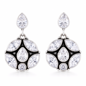 Boucles d'oreilles pendantes en laiton oxydé argenté, saphir serti clos, motif floral, pour femme, vente en gros |   Bijoux ethniques indiens pour occasions de fête - Product Image 1