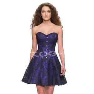 Découvrez notre robe corset gothique sexy à bretelles en acier, mini-robe en satin violet avec superposition en maille noire, vêtements de mode - Product Image 6