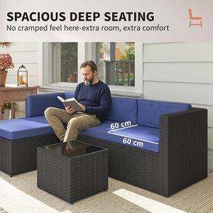 Set di mobili da giardino in vimini da 3 pezzi con cuscini e tavolo con piano in vetro blu navy - Product Image 6