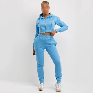 Ensemble de survêtement pour femme, avec veste courte à capuche zippée et pantalon de jogging, couleur bleu ciel, vêtements de sport pour femme, ensemble de survêtement court. - Product Image 1
