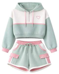 Ensemble décontracté deux pièces pour femme : crop top zippé à capuche et short cargo imprimé cœurs, coloris menthe, blanc et rose - Product Image 1