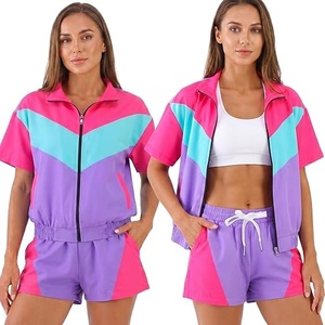 Women <b>Y2K</b> Color Blocking <b>Tracksuit</b> Short Sleeve Zipper Jacket With Shorts Quick Dry Lightweight Summer Wear - Product Image 3