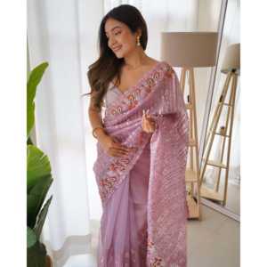 Sari de organza con estampado floral para fiestas, silueta recta con bordado de múltiples hilos y lentejuelas - Product Image 2