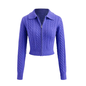 Women Knit <b>Cardigan</b> Blue Casual Long Sleeve Lapel Neck <b>Zip</b> <b>Up</b> Autumn Top Selling Fashion Lady Cropped Cable Sweater Outerwear - Product Image 2