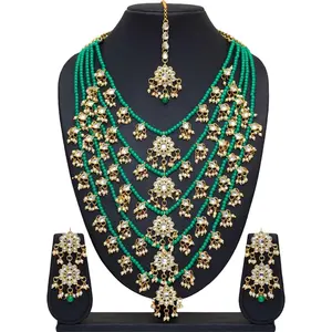 Trendy Green Color Kundan Necklace With Earrings & Maang Tikka
