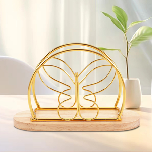 Gold <b>Butterfly</b> Napkin Holder for <b>Dining</b> <b>Table</b> Elegant Metal Tissue Paper Stand with Wooden Base Decorative Kitchen Restaurant - Product Image 3